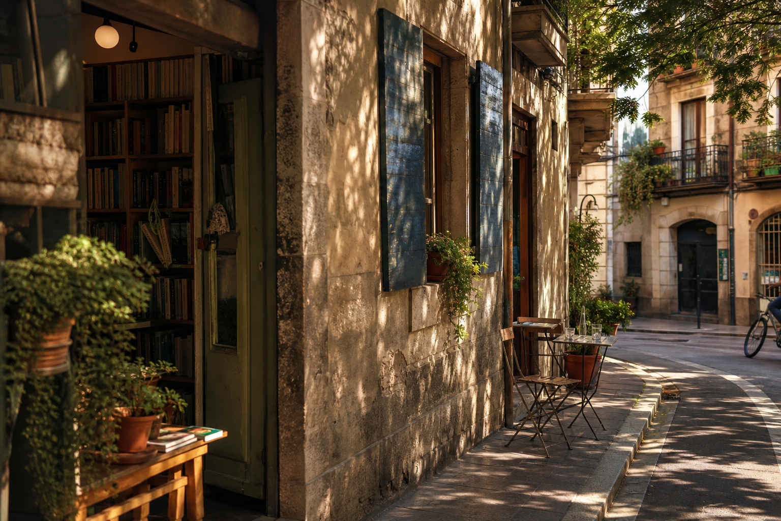 A quiet Barcelona street with a bookshop, cafe tables, and dappled afternoon light